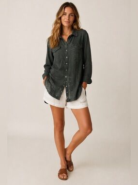 Free People Army Green Eyelet Tunic Top Button Up Boho Size L